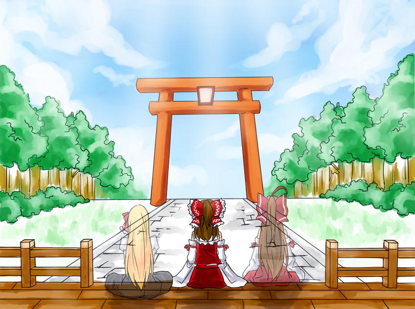 hakurei reimu, rumia, and sendai hakurei no miko (original and 3 more) drawn by soyko