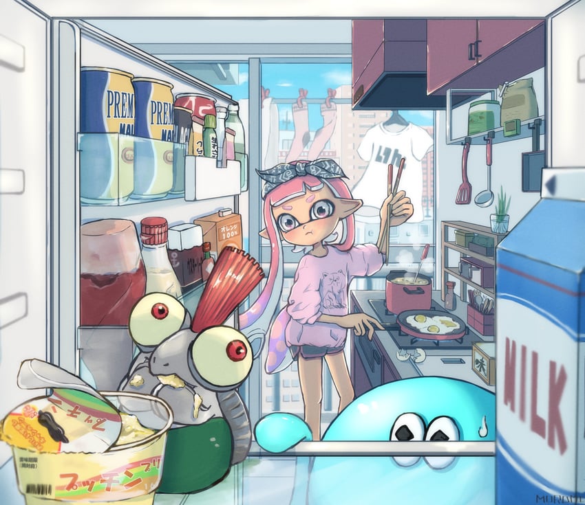 inkling player character, inkling girl, smallfry, and jellyfish (splatoon) drawn by moromi_(kscd4482)