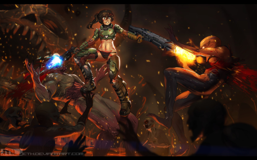 doomguy, brooke, imp, hell knight, and the possessed (original and 1 more) drawn by mleth