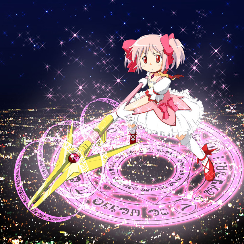 kaname madoka, raising heart, and yuuno scrya (mahou shoujo madoka magica and 2 more) drawn by sayurishu