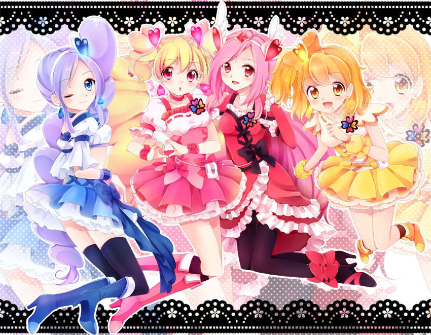 higashi setsuna, momozono love, cure peach, yamabuki inori, aono miki, and 3 more (precure and 1 more) drawn by uzuki_aki