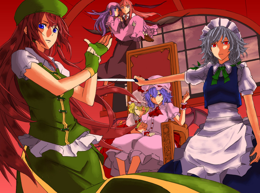 remilia scarlet, flandre scarlet, izayoi sakuya, patchouli knowledge, hong meiling, and 1 more (touhou) drawn by himeco and toromera