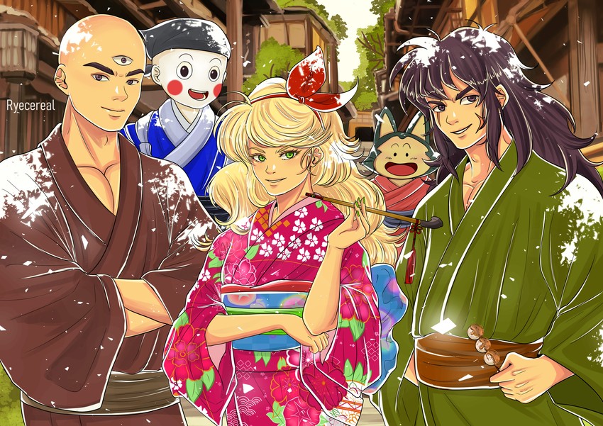 yamcha, lunch, tenshinhan, puar, and chaozu (dragon ball) drawn by ryecereal