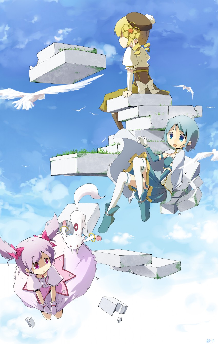 kaname madoka, miki sayaka, tomoe mami, and kyubey (mahou shoujo madoka magica) drawn by sunyukun