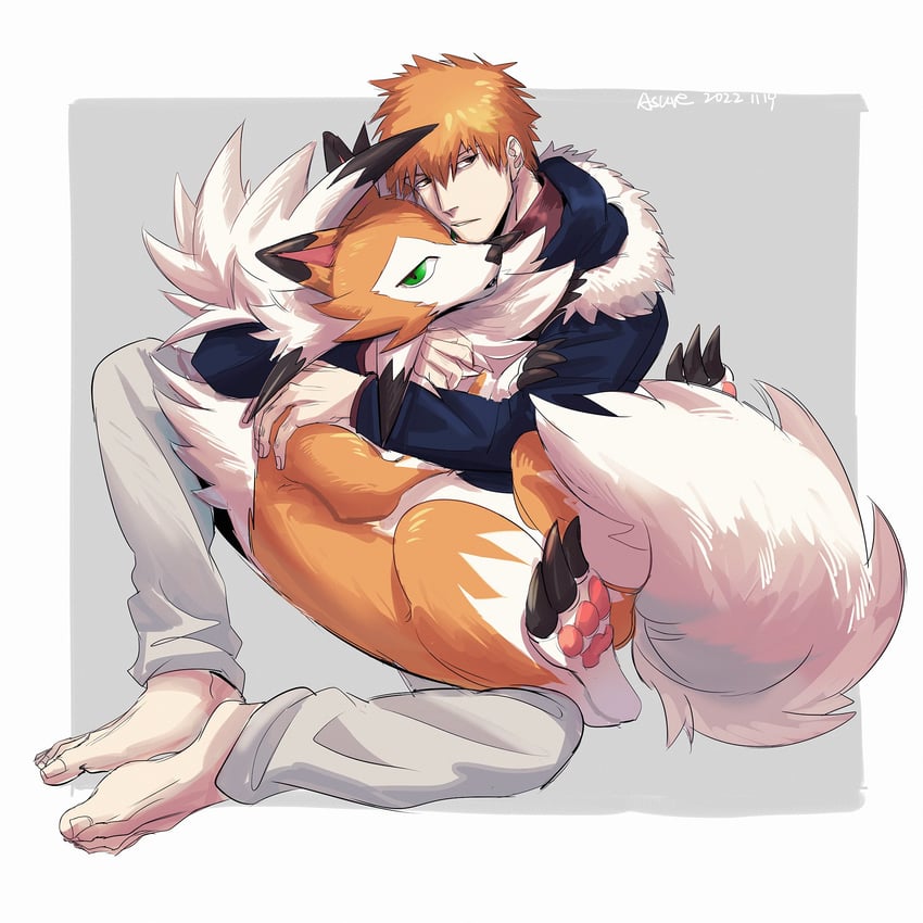 kurosaki ichigo and lycanroc (pokemon and 1 more) drawn by asure_(asure_twi)