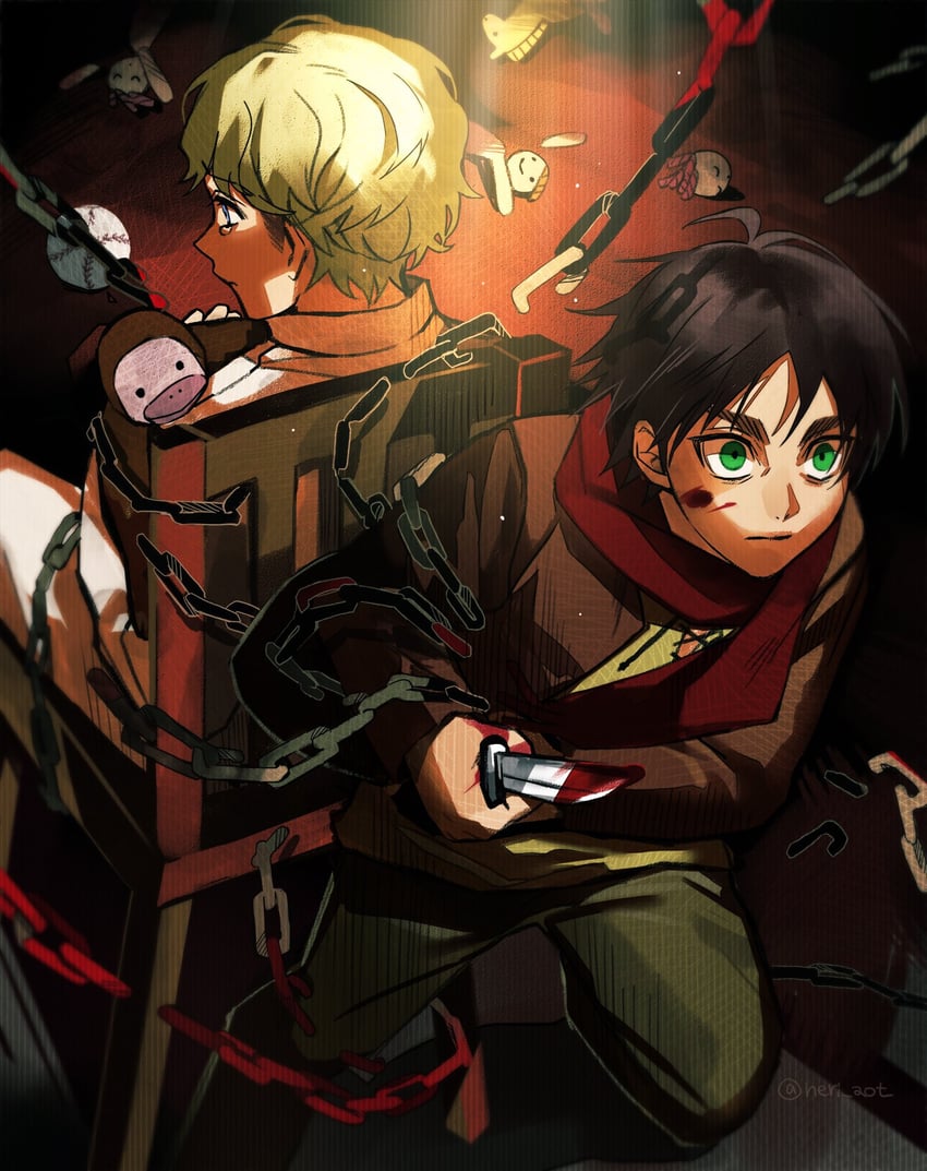 eren yeager and zeke yeager (shingeki no kyojin) drawn by neri_aot