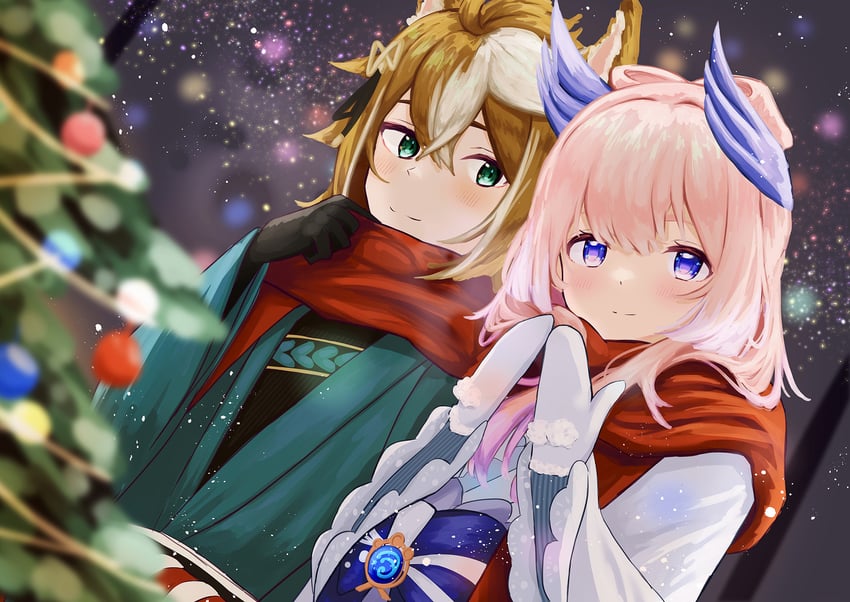 sangonomiya kokomi and gorou (genshin impact) drawn by calamy