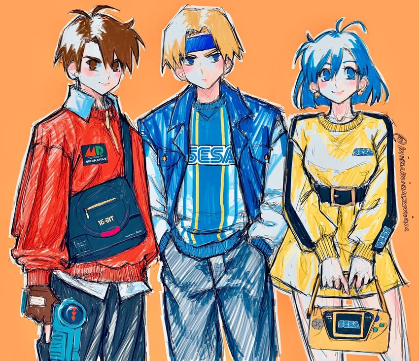 gunstar red, gunstar blue, and yellow (sega and 1 more) drawn by poririna