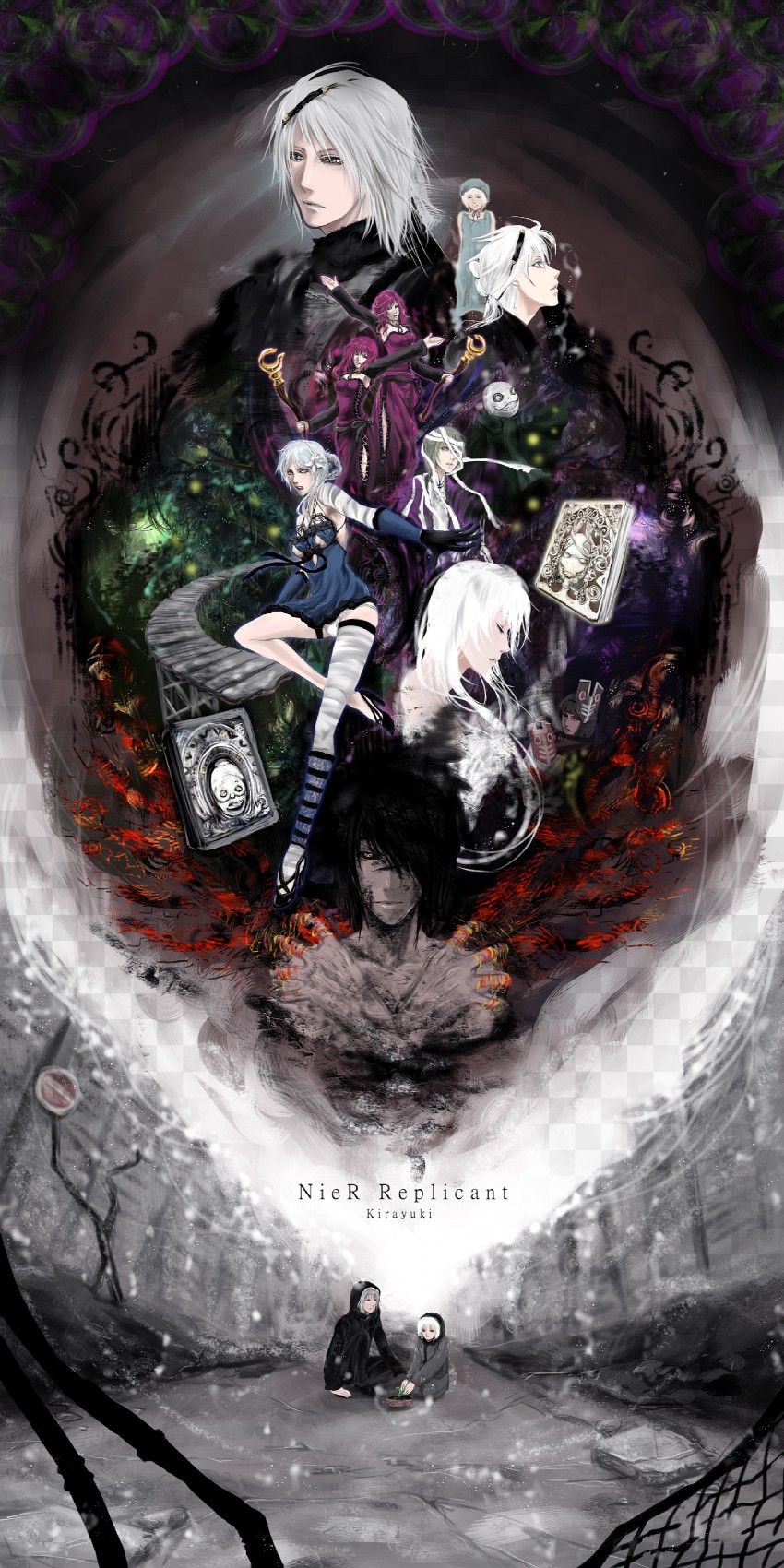 kaine, nier, emil, yonah, devola, and 6 more (nier) drawn by kira_yuki