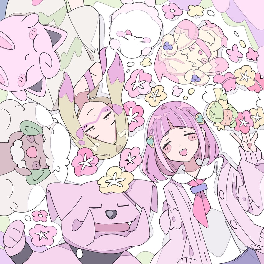 jigglypuff, alcremie, lacey, whimsicott, mina, and 3 more (pokemon and 2 more) drawn by remoooon