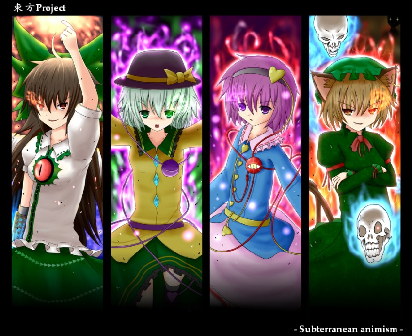 komeiji koishi, komeiji satori, kaenbyou rin, chen, and reiuji utsuho (touhou and 1 more) drawn by mumyuu
