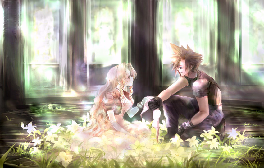 cloud strife and aerith gainsborough (final fantasy and 1 more) drawn by tomo_(552252)