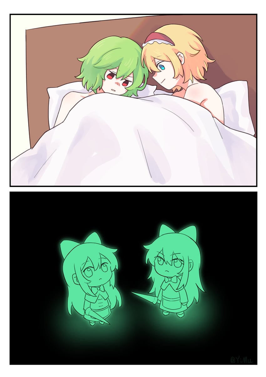 alice margatroid, kazami yuuka, shanghai doll, and hourai doll (touhou) drawn by yimudesu