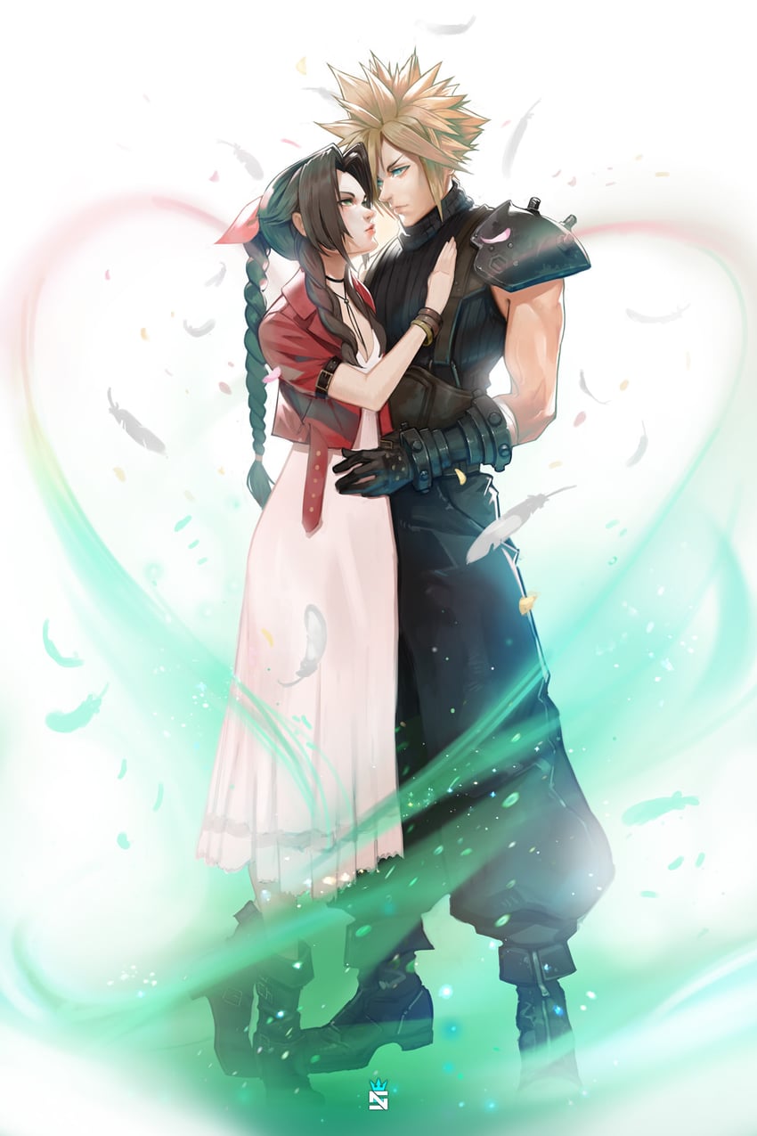 cloud strife and aerith gainsborough (final fantasy and 2 more) drawn by nikusenpai