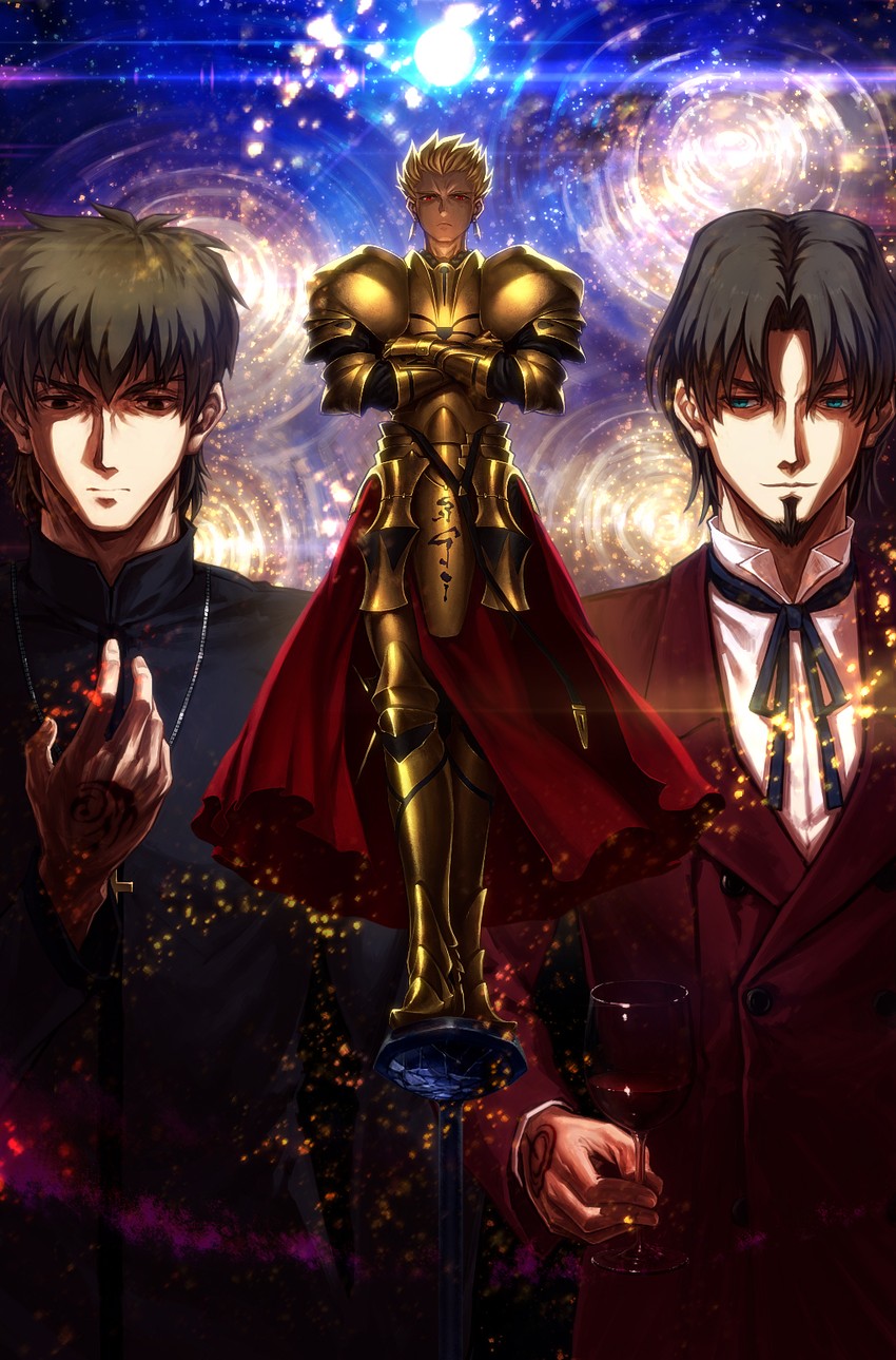 gilgamesh, kotomine kirei, and tohsaka tokiomi (fate and 1 more) drawn by oyu_udon