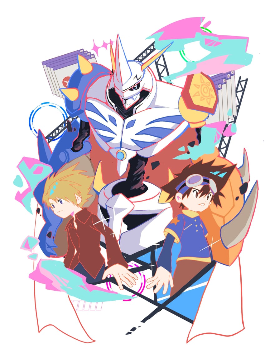 yagami taichi, ishida yamato, and omegamon (digimon and 2 more) drawn by megane_mochi