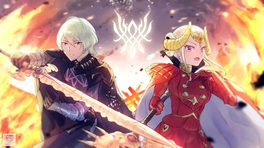 edelgard von hresvelg and male byleth (fire emblem and 1 more) drawn by yuyu_(yuyuyou)