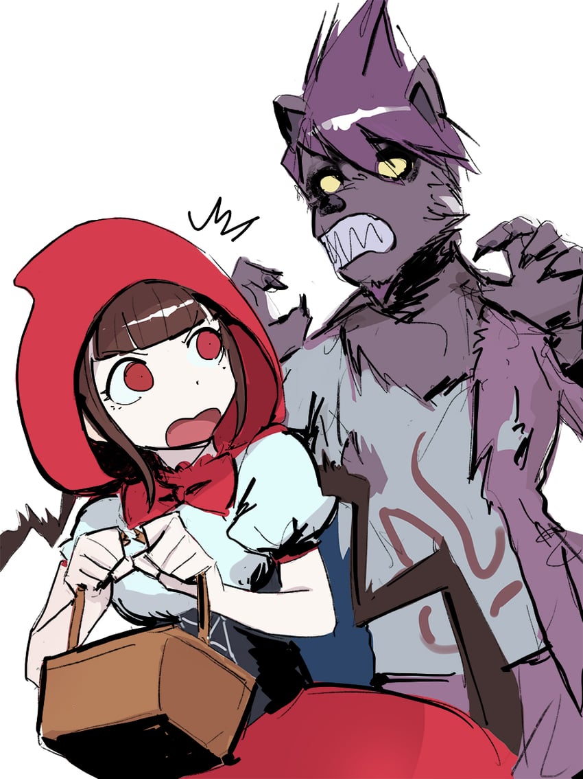 harukawa maki, little red riding hood, and momota kaito (danganronpa and 2 more) drawn by qosic