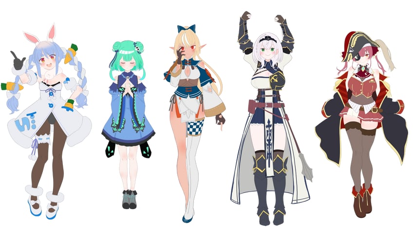 houshou marine, usada pekora, shirogane noel, uruha rushia, and shiranui flare (hololive) drawn by kuronagirai