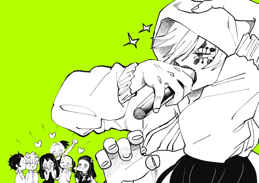 kamado nezuko, kamado tanjirou, agatsuma zenitsu, hashibira inosuke, uzui tengen, and 3 more (kimetsu no yaiba and 1 more) drawn by bahyon_6969