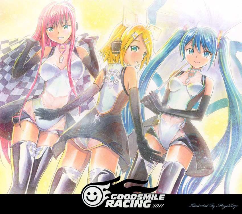 hatsune miku, kagamine rin, megurine luka, and racing miku (vocaloid and 1 more) drawn by mayo_riyo