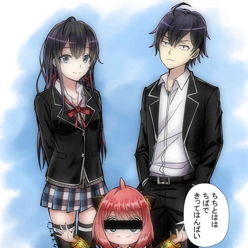 anya, yukinoshita yukino, hikigaya hachiman, hayami saori, and eguchi takuya (spy x family and 1 more) drawn by uma_zura