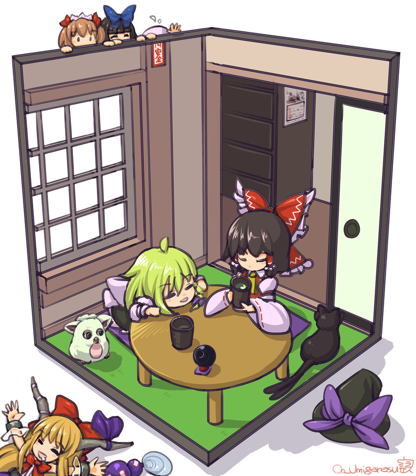 hakurei reimu, kirisame marisa, kaenbyou rin, ibuki suika, sukuna shinmyoumaru, and 4 more (touhou and 1 more) drawn by umigarasu_(kitsune1963)