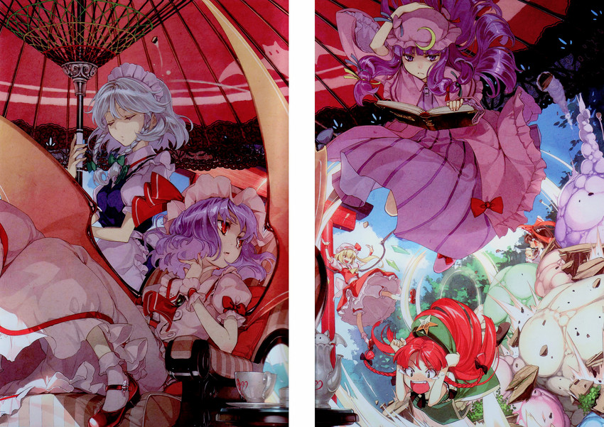 hakurei reimu, remilia scarlet, flandre scarlet, izayoi sakuya, patchouli knowledge, and 1 more (touhou) drawn by hidari_(left_side)