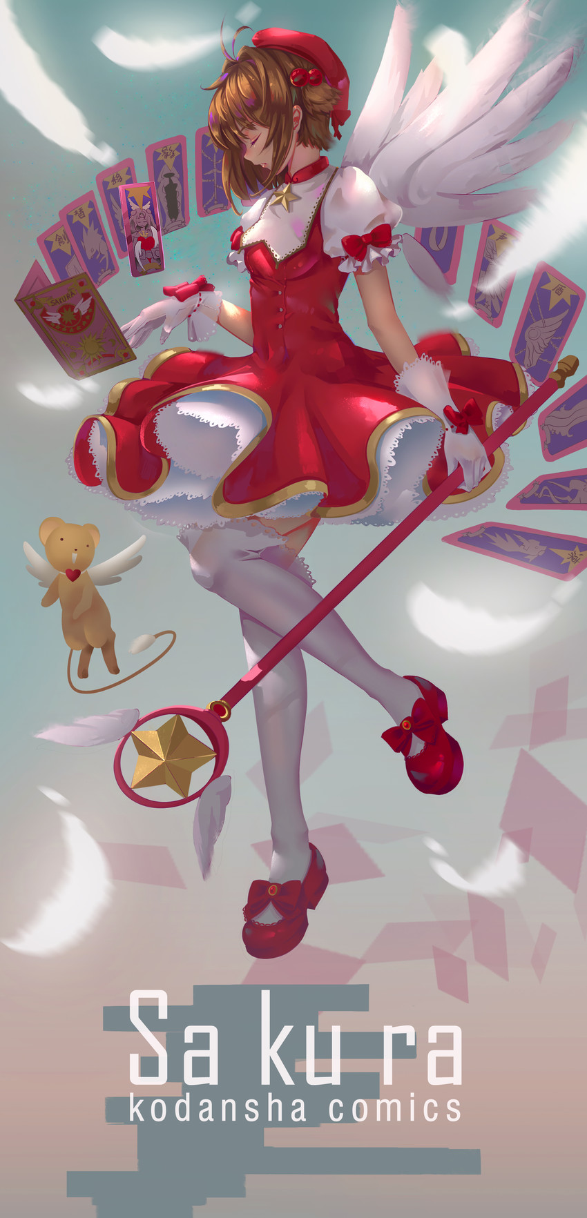 kinomoto sakura, kero, windy, sword, shadow, and 7 more (cardcaptor sakura) drawn by ctrlz77