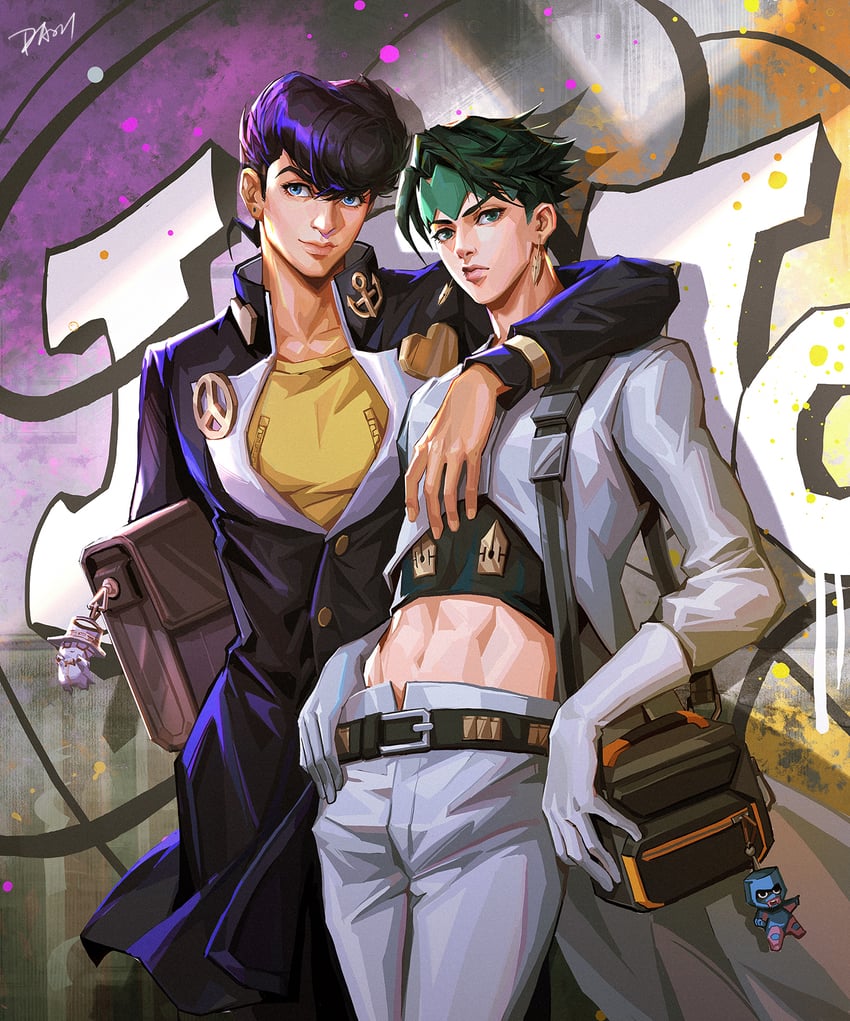higashikata josuke, kishibe rohan, crazy diamond, and heaven's door (jojo no kimyou na bouken and 1 more) drawn by kdash