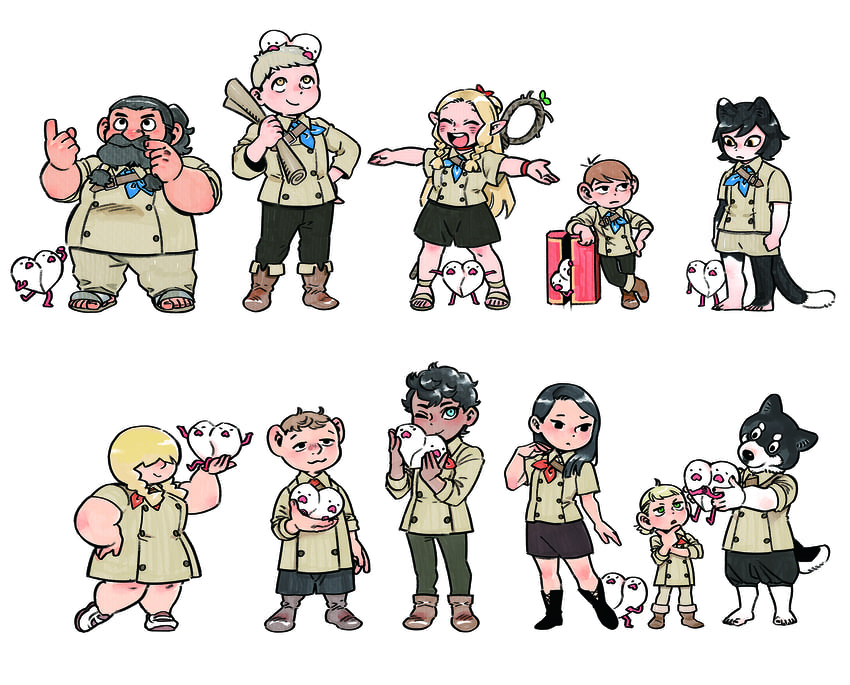 marcille donato, laios touden, senshi, kabru, chilchuck tims, and 7 more (dungeon meshi and 1 more) drawn by kui_ryouko