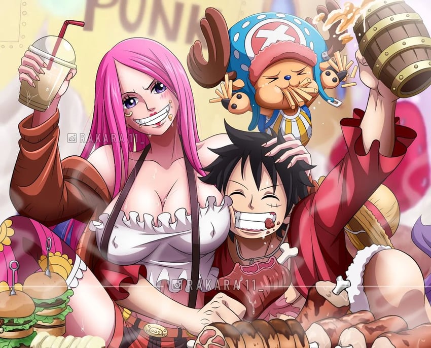 monkey d. luffy, tony tony chopper, and jewelry bonney (one piece) drawn by rakara11_(rakkarts)