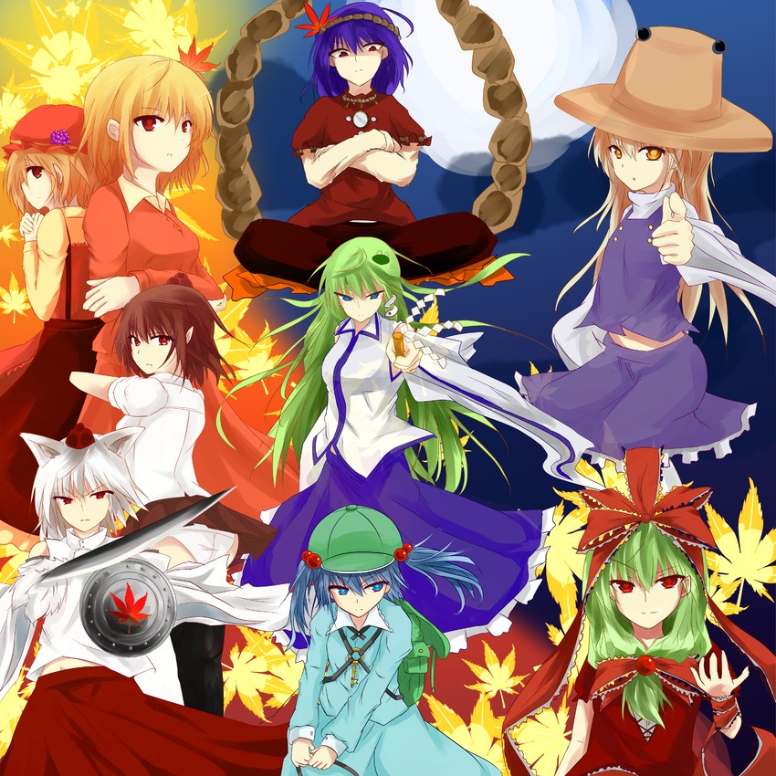kochiya sanae, shameimaru aya, inubashiri momiji, moriya suwako, kawashiro nitori, and 4 more (touhou and 1 more) drawn by buruxugi