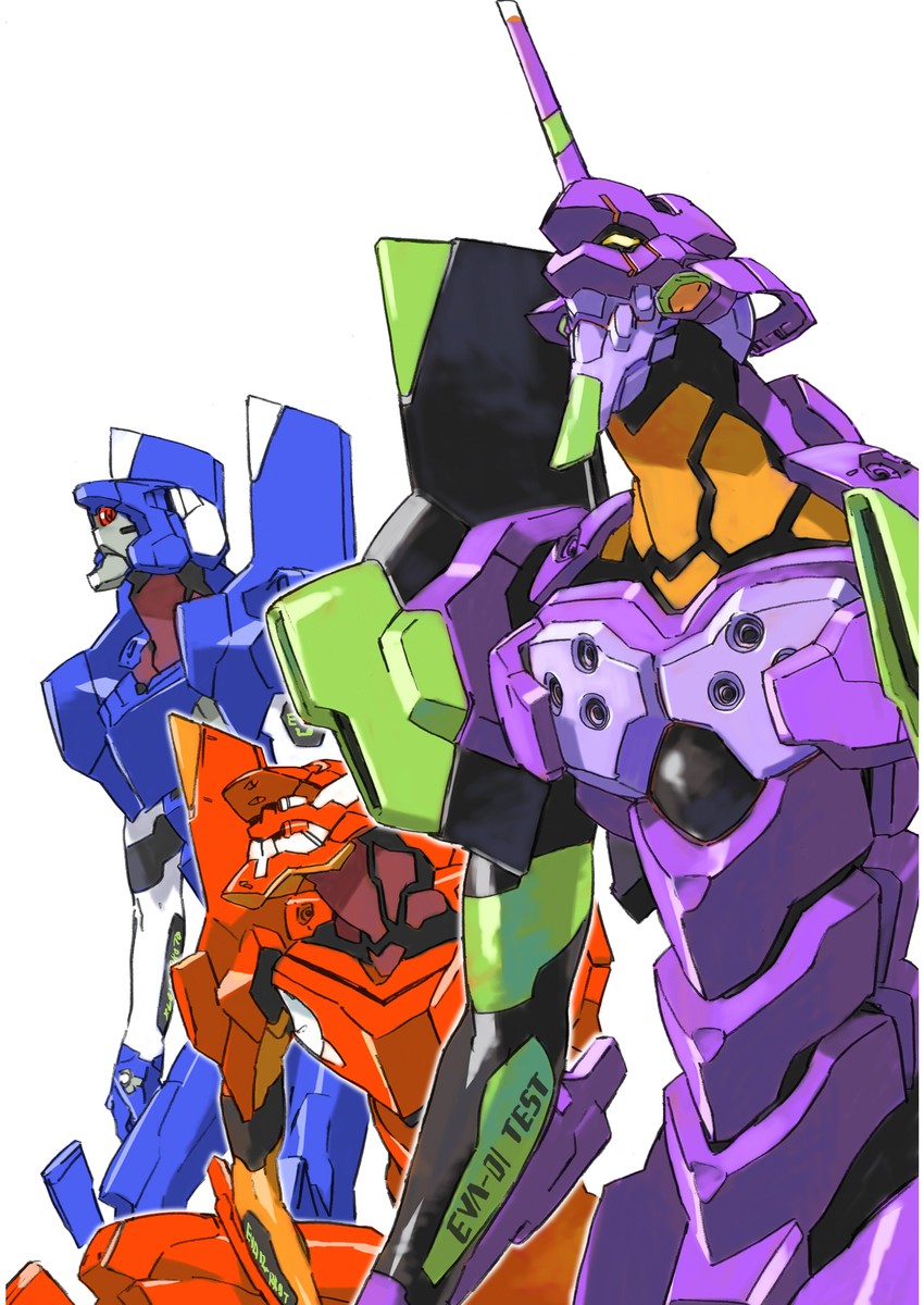 eva 02, eva 01, and eva 00 (neon genesis evangelion) drawn by katou_haruaki