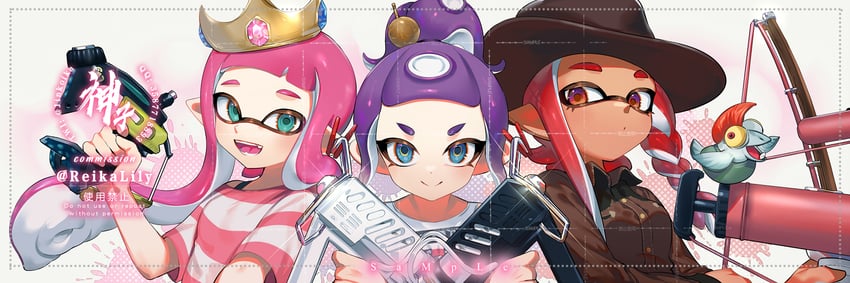 inkling player character, inkling girl, octoling player character, octoling girl, and smallfry (splatoon and 1 more) drawn by jinkoika