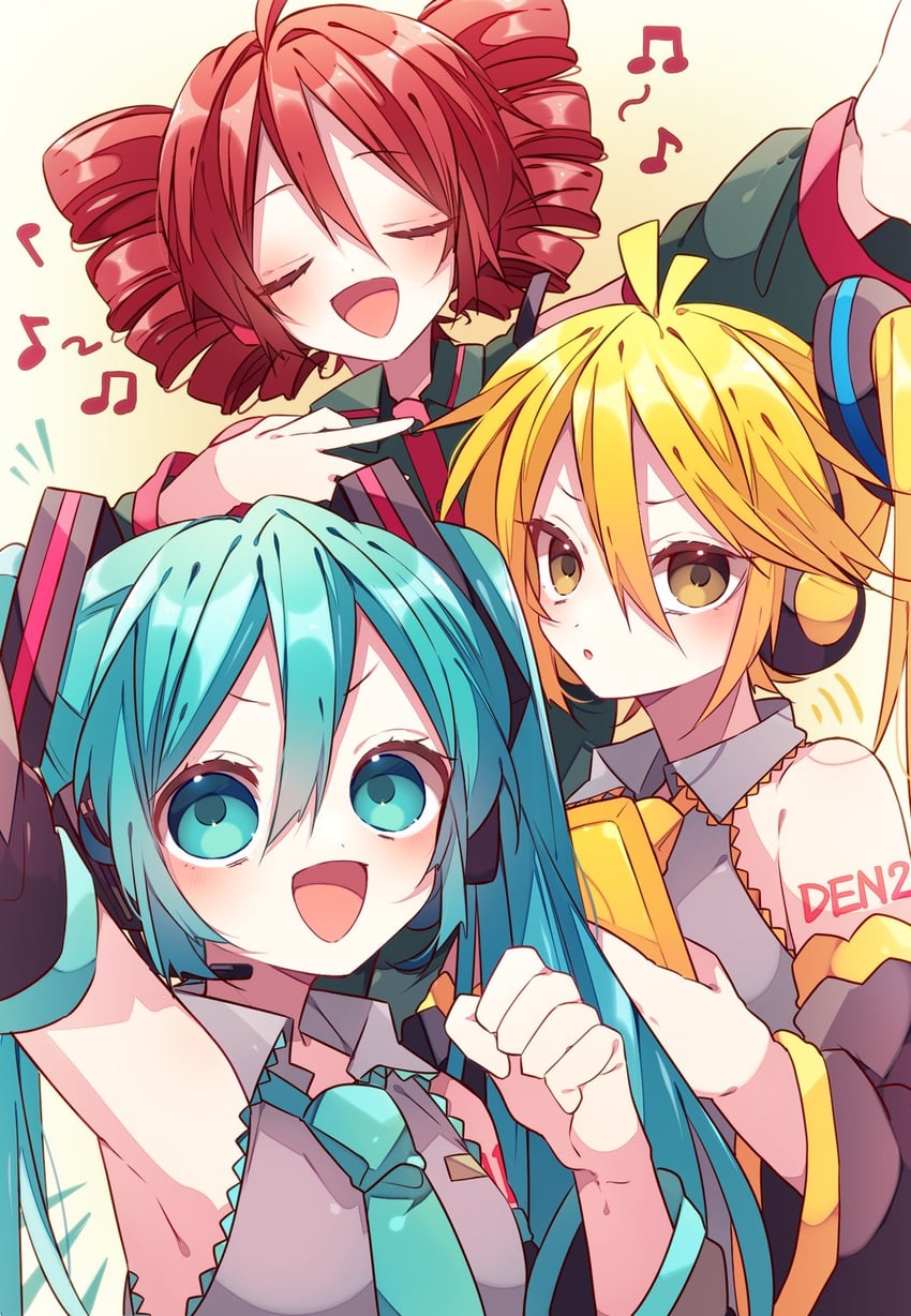 hatsune miku, kasane teto, and akita neru (vocaloid and 2 more) drawn by kaho_0102