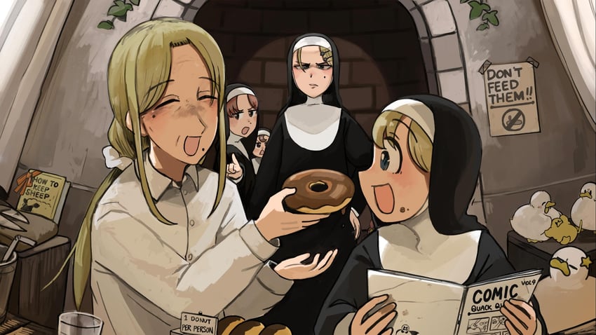 clumsy nun, froggy nun, strict nun, hungry nun, and strict nun's mother (little nuns) drawn by diva_(hyxpk)