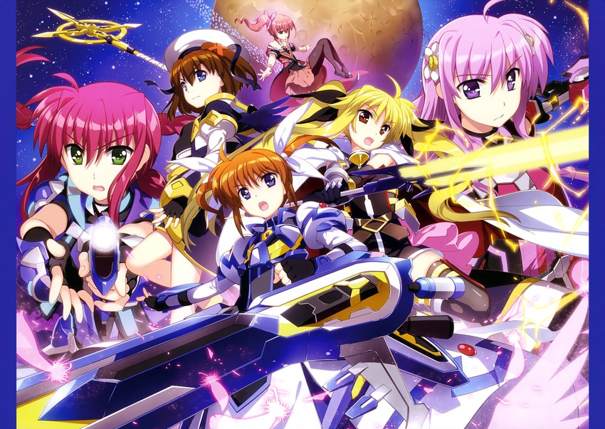fate testarossa, takamachi nanoha, yagami hayate, raising heart, bardiche, and 6 more (lyrical nanoha and 2 more) drawn by fujima_takuya
