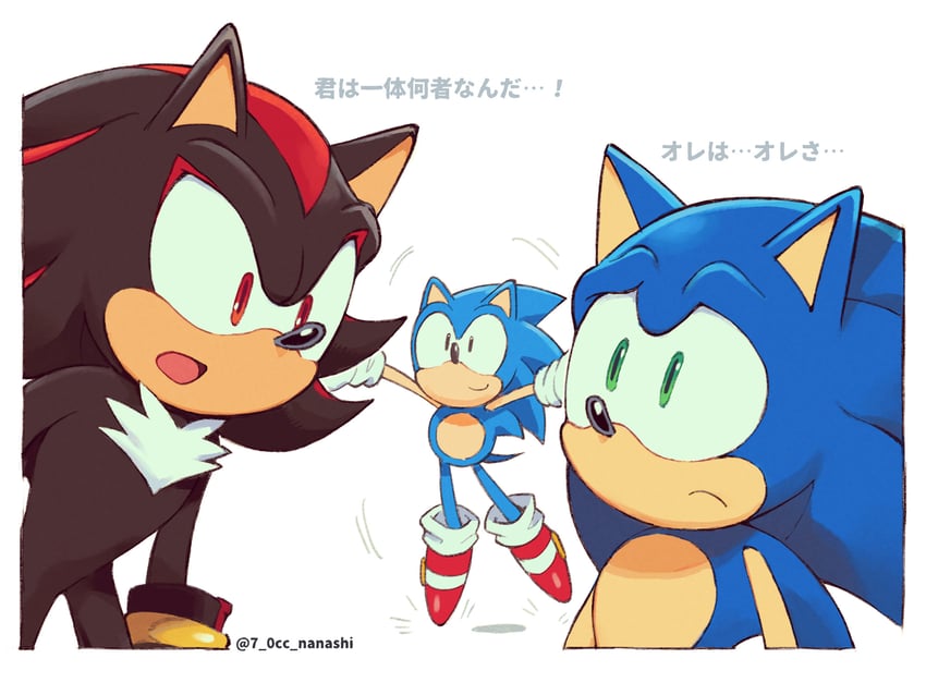 sonic the hedgehog, shadow the hedgehog, and classic sonic (sonic and 3 more) drawn by show_chiku-by