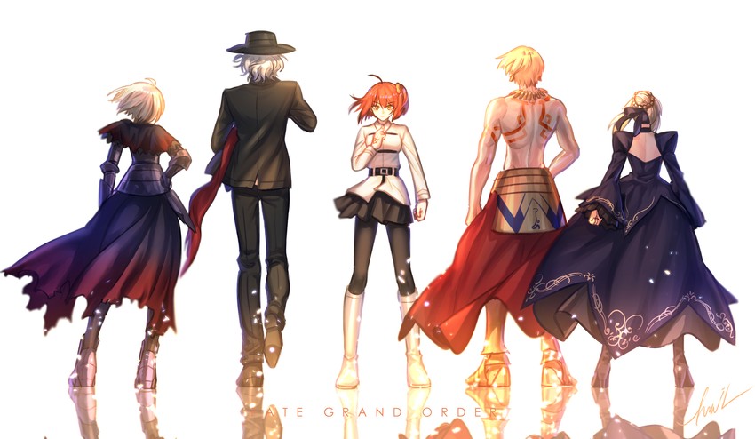 artoria pendragon, fujimaru ritsuka, gilgamesh, saber alter, jeanne d'arc alter, and 1 more (fate and 1 more) drawn by email2140