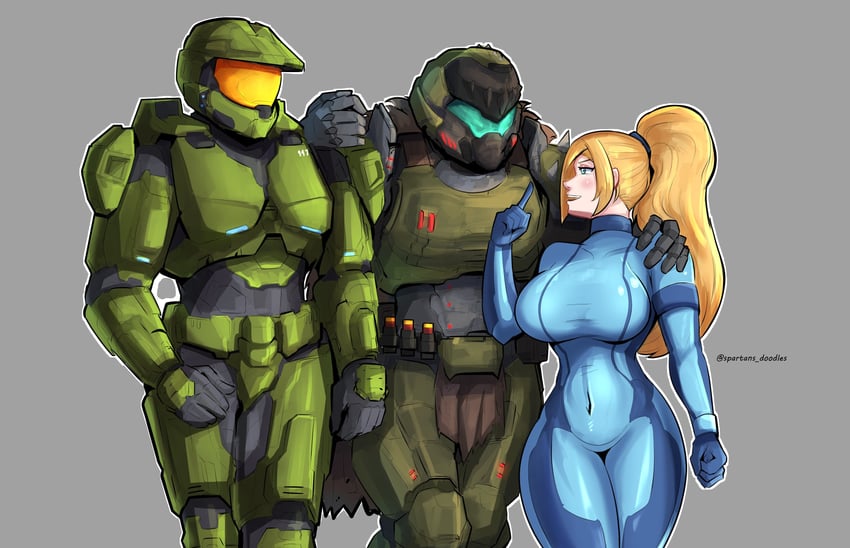 samus aran, doomguy, and master chief (metroid and 5 more) drawn by spartans_doodles