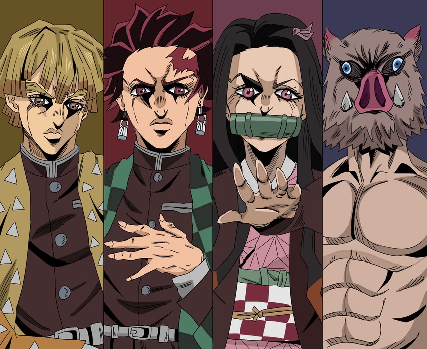 kamado nezuko, kamado tanjirou, agatsuma zenitsu, and hashibira inosuke (jojo no kimyou na bouken and 1 more) drawn by tomo_(torauto_saamon)