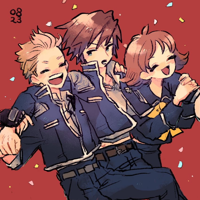 squall leonhart, selphie tilmitt, and zell dincht (final fantasy and 1 more) drawn by nobu_(25mark)