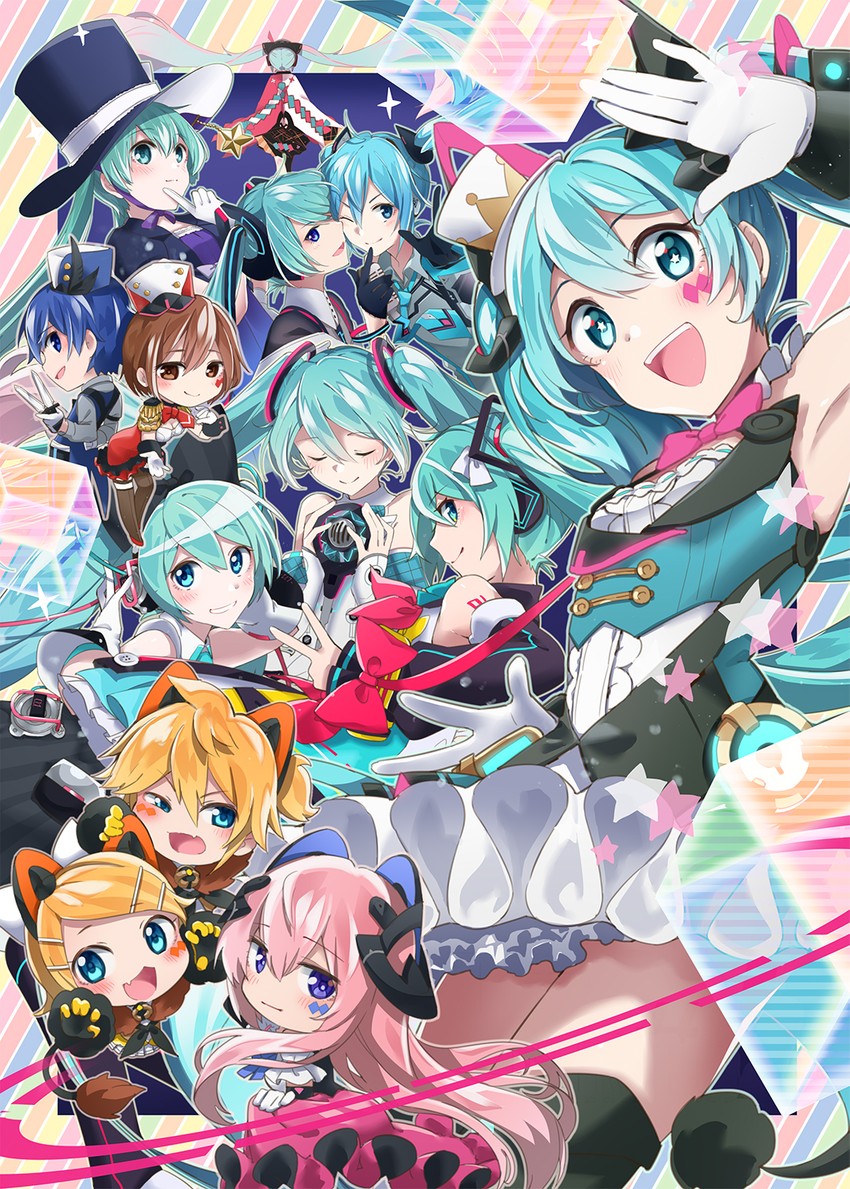 hatsune miku, kagamine rin, kagamine len, megurine luka, kaito, and 7 more (vocaloid and 1 more) drawn by agonasubi