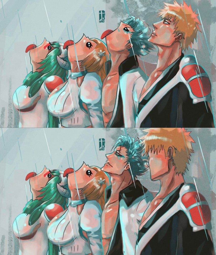 inoue orihime, kurosaki ichigo, nelliel tu odelschwanck, and grimmjow jaegerjaquez (bleach) drawn by moonymiw