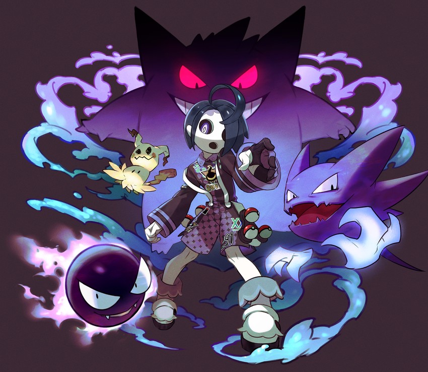 gengar, mimikyu, allister, gastly, and haunter (pokemon and 1 more) drawn by honyaru_(nanairo39)