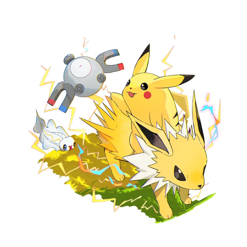 pikachu, magnemite, jolteon, and tynamo (pokemon) drawn by cyauken_(ouahloup)