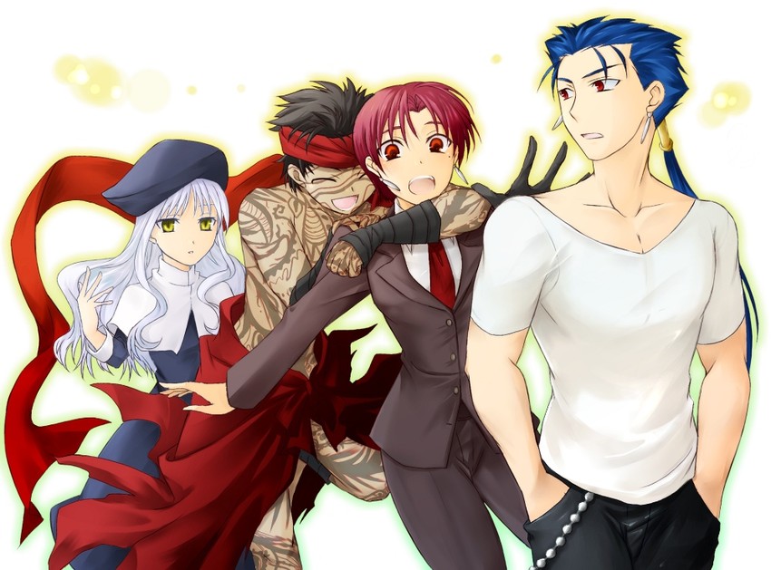 caren hortensia, bazett fraga mcremitz, angra mainyu, and cu chulainn (fate and 2 more) drawn by akiha_(ominaeshi)