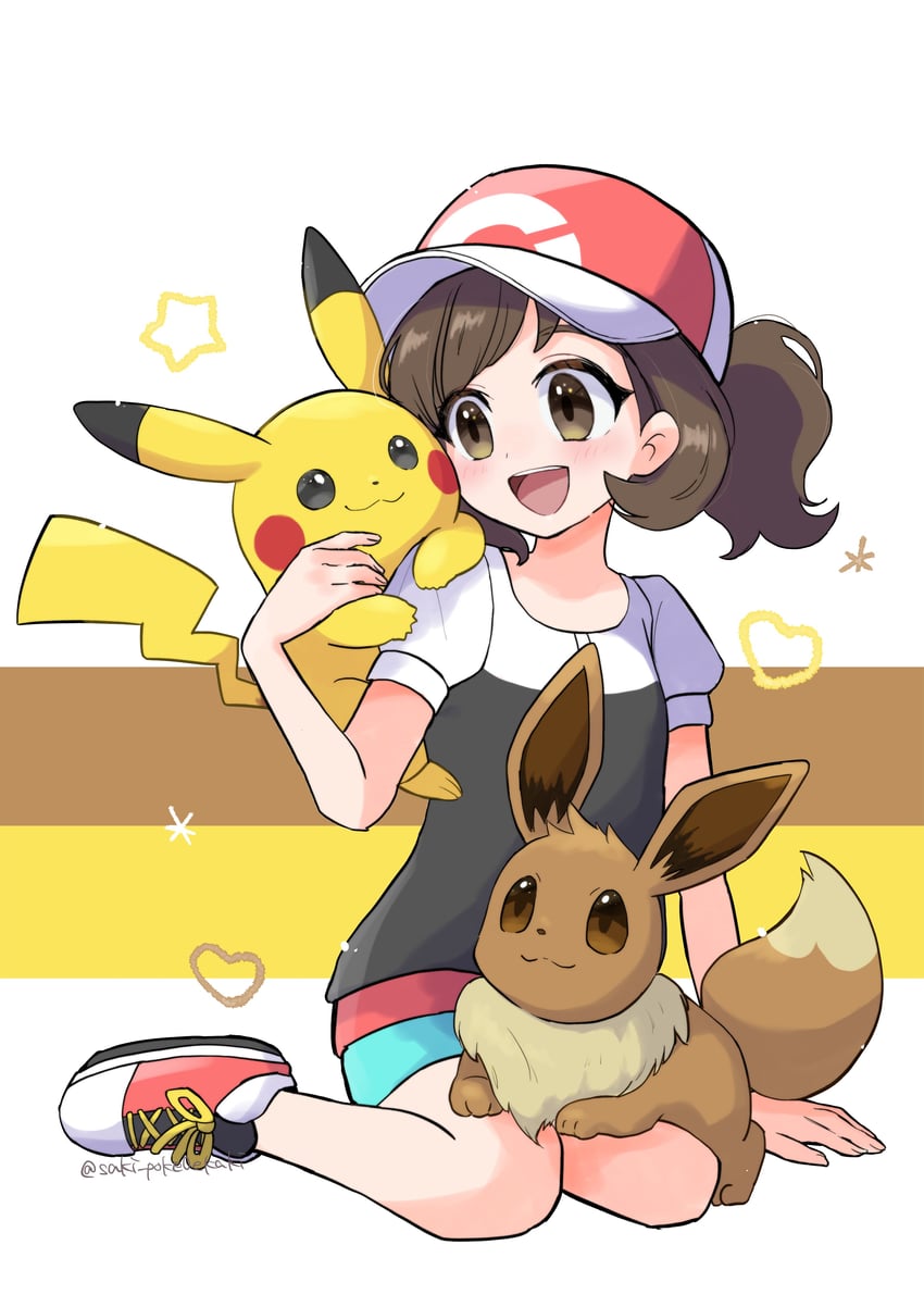pikachu, eevee, and elaine (pokemon and 1 more) drawn by saki_pokeoekaki