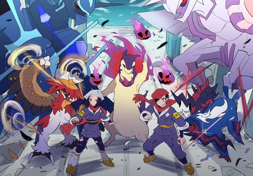 akari, rei, dialga, hisuian typhlosion, palkia, and 2 more (pokemon and 2 more) drawn by fuji_den_fujiko